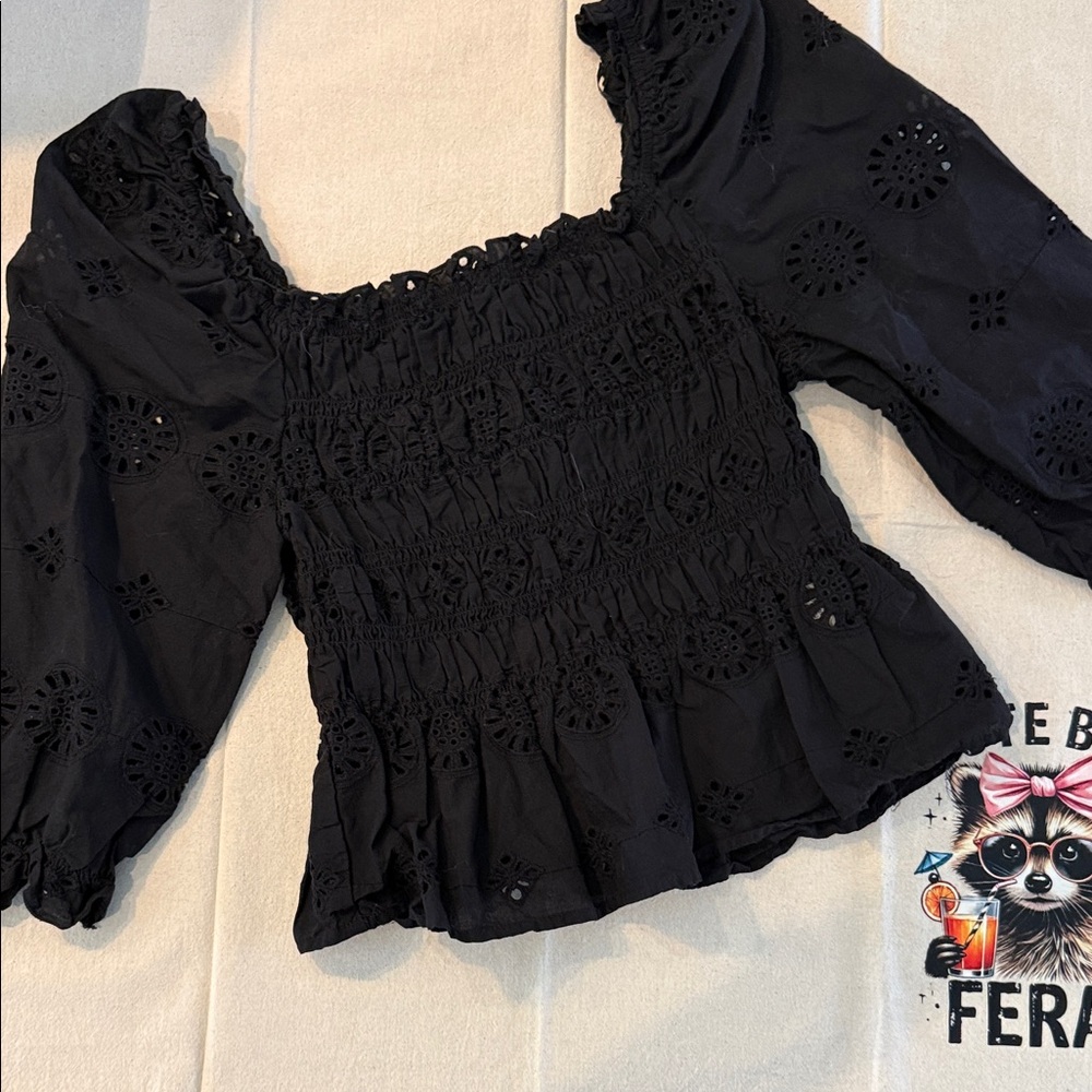 Adiva Black Eyelet Smocked Blouse